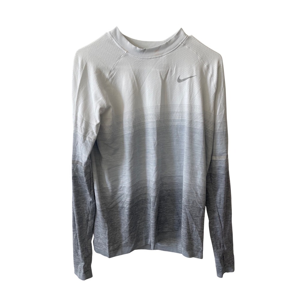 Nike Running Dri-FIT Shirt Mens Medium Grey White Ombre Long Sleeve Performance